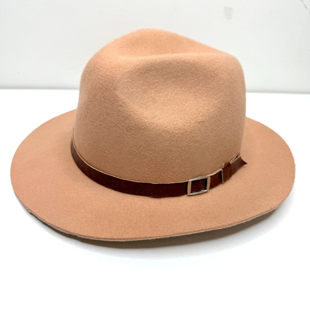 Kids Girls Youth 100% Wool Felt Fedora Faux Leather Buckle Trim Hat Tan Neutral